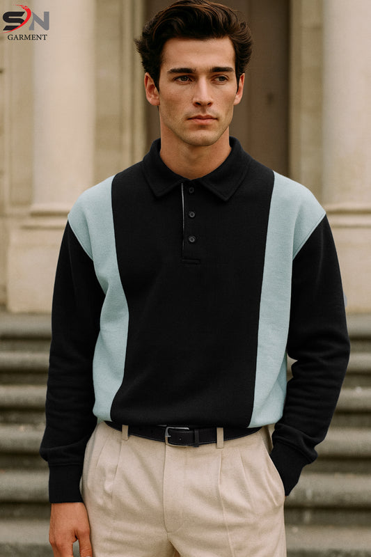 Sky & Black Old Money Panel Collar Sweatshirt For mens & Boys