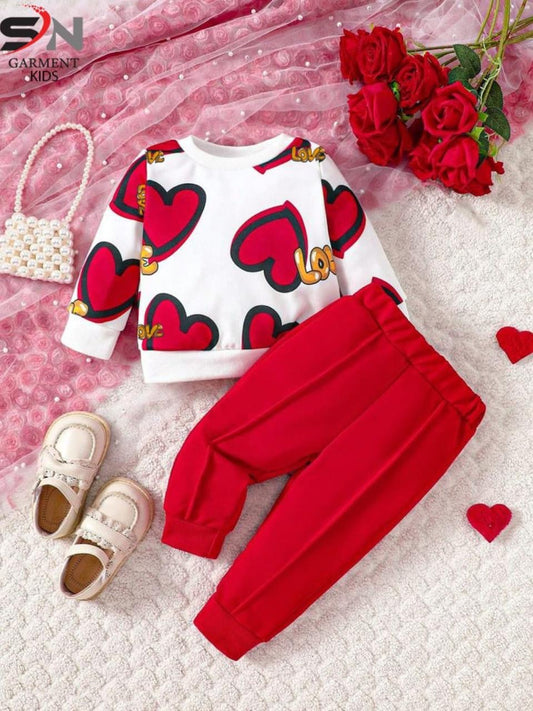 red multi heart printed winter kids track suit fabric fleece