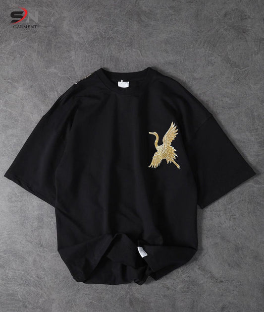 Black Colour Peacock Printed Drop Shoulder T-Shirt For Mens & Boys (SN116)