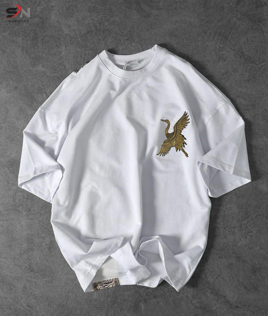 White Colour Peacock Printed Drop Shoulder T-Shirt For Mens & Boys (SN118)