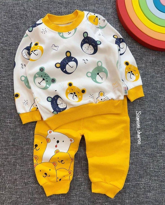 Yellow bear printed winter kids track suit fabric fleece