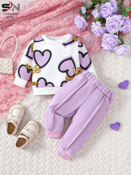 Lileque multi heart printed winter kids track suit fabric fleece