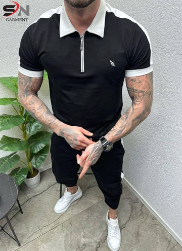 Black Panel Polo DryFit Gym TrackSuit For Mens Boys (SN160)