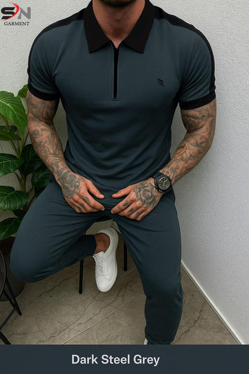 Dark Grey Panel Polo DryFit Gym TrackSuit For Mens Boys (SN162)