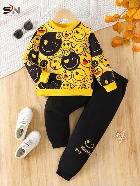 Yellow Multi Emojis Winter Kids Track Suit Fabric Fleece