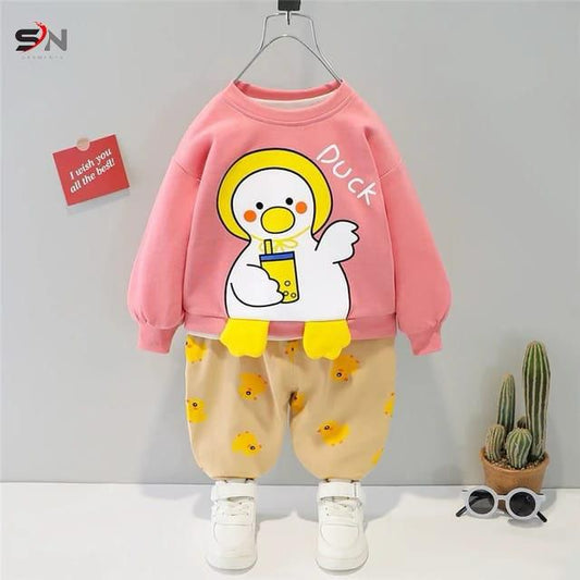 Pink duck Printed Winter Kids Track Suit Fabric Fleece