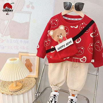 Red Pocket Rabit Printed Winter Kids Track Suit Fabric Fleece