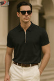 Black Zipper Texture Polo For Men & Boys
