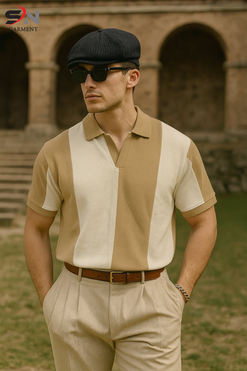 Beige White Panel Polo T-Shirt For Mens & Boys (SN165)