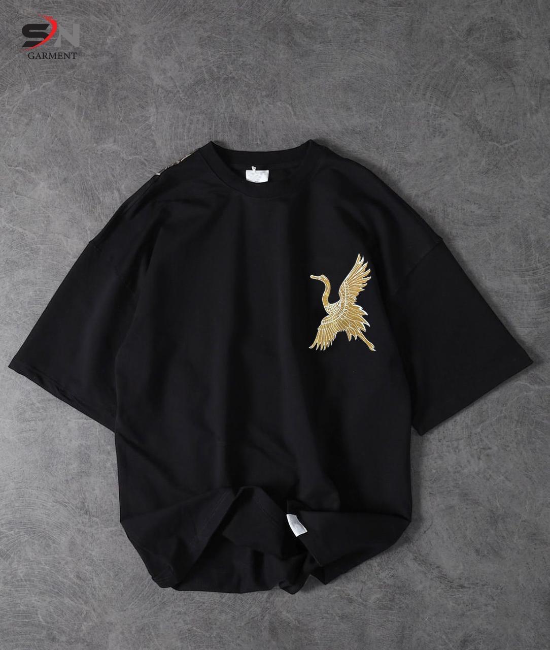 Black Colour Peacock Printed Drop Shoulder T-Shirt For Mens &amp; Boys (SN116)