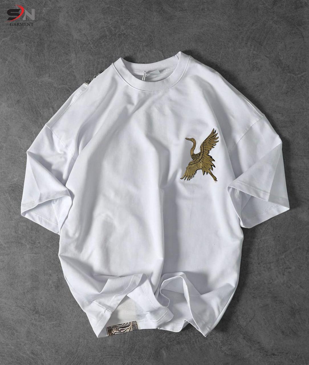 White Colour Peacock Printed Drop Shoulder T-Shirt For Mens & Boys (SN118)