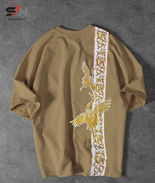 Beige Colour Peacock Printed Drop Shoulder T-Shirt For Mens & Boys (SN117)