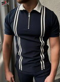 Navy Blue Striped Zipper Polo For Mens & Boys (SN140)