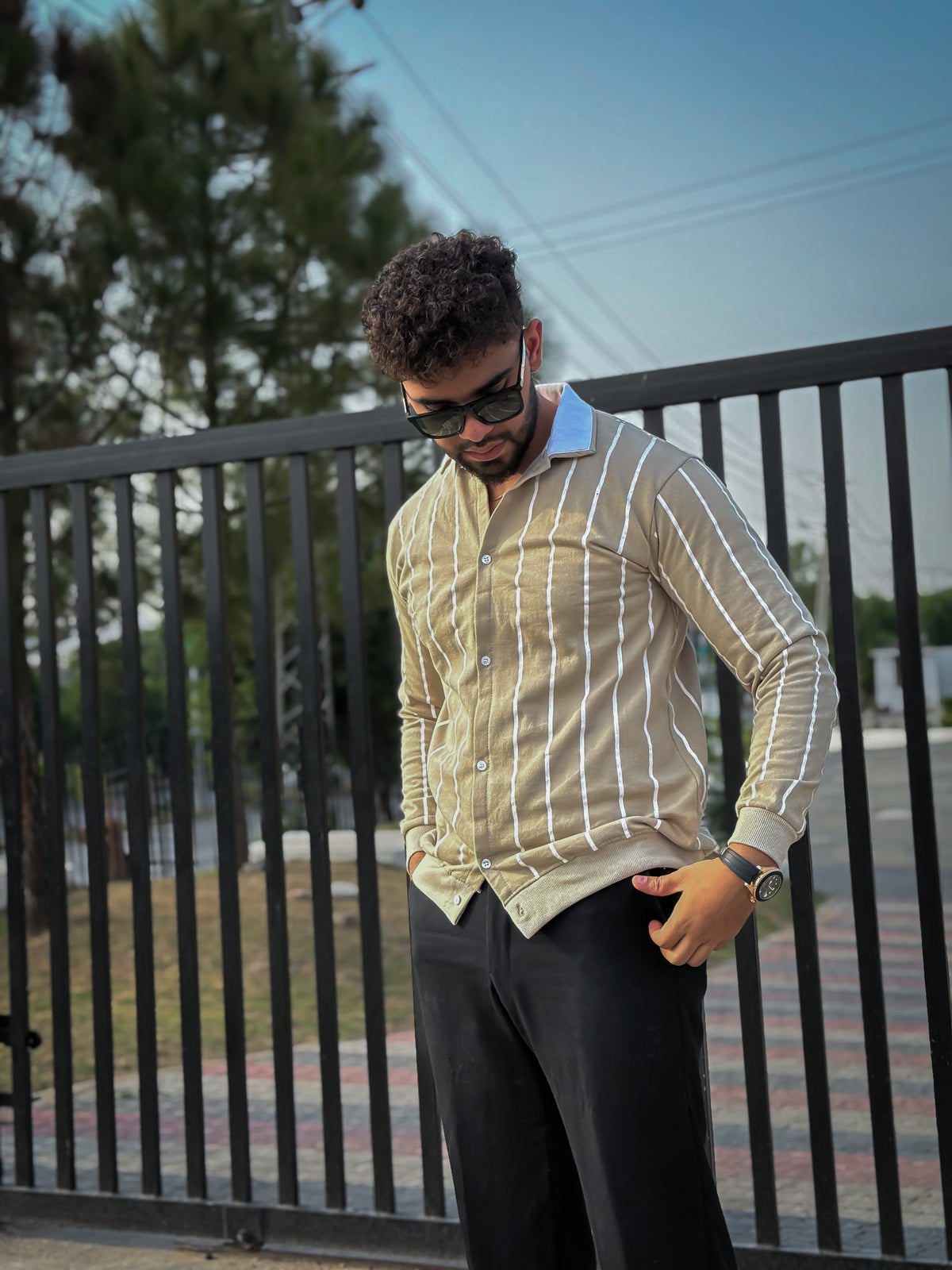Button Down Stripe Printed Shirt Style Jacket For Mens & Boys