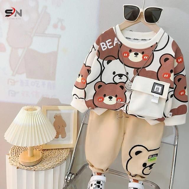 White Multi Bear Winter Kids Track Suit Fabric Fleece