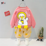 Pink duck Printed Winter Kids Track Suit Fabric Fleece