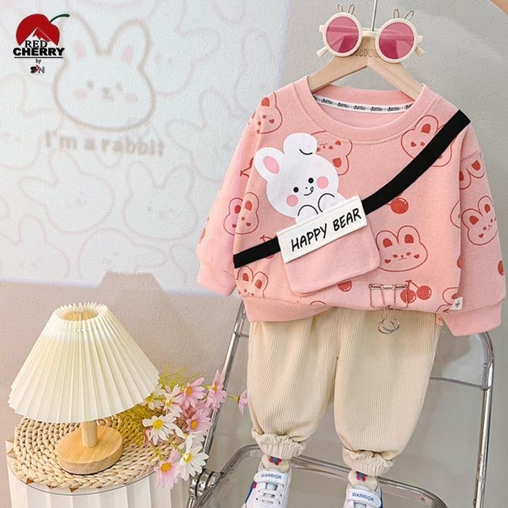 Pink Pocket Rabit Printed Winter Kids Track Suit Fabric Fleece