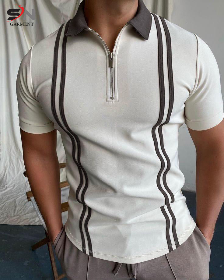 White Striped Zipper Polo For Mens & Boys (SN138)